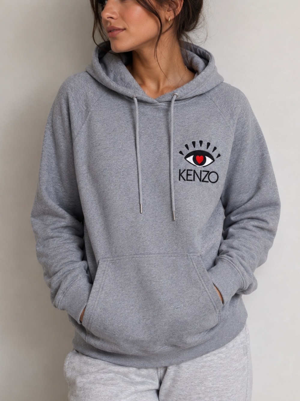 Kenzo Gray Hooded Sweatshirt with Eye & Red Heart Embroidery